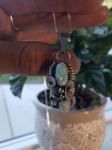 Native American Navajo Handmade Sterling Silver Pendant with Rainbow Opal