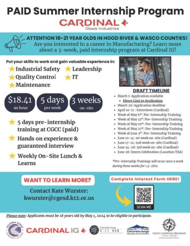 Advanced Manufacturing Interns (18-21 year olds from Hood River and Wasco Counties)!
