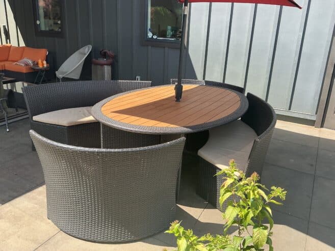 Outdoor patio table and seating