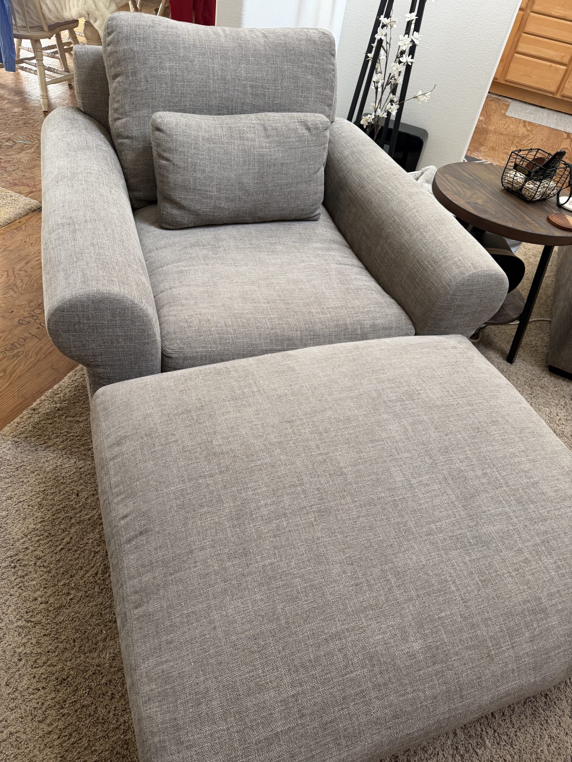 Pottery barn couch, oversized chair and ottoman