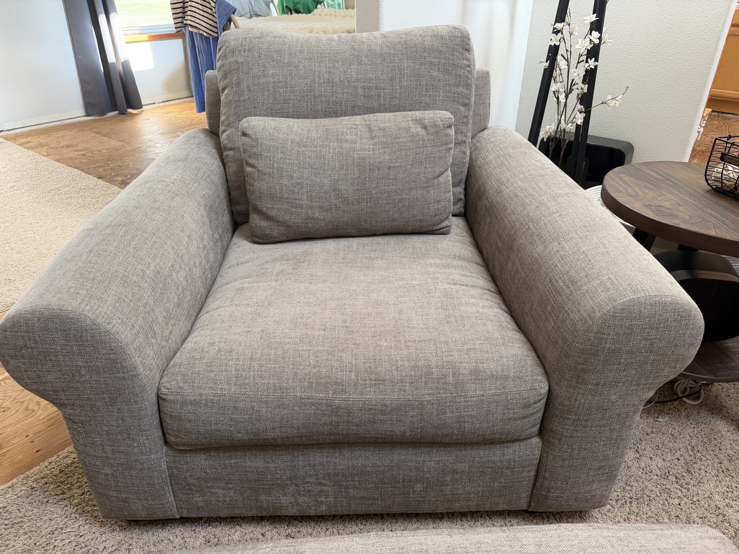 Pottery barn couch, oversized chair and ottoman